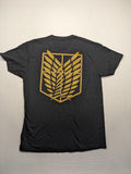 Attack On Titan black t-shirt gold Scout Regiment Wings of Freedom logo front and back.