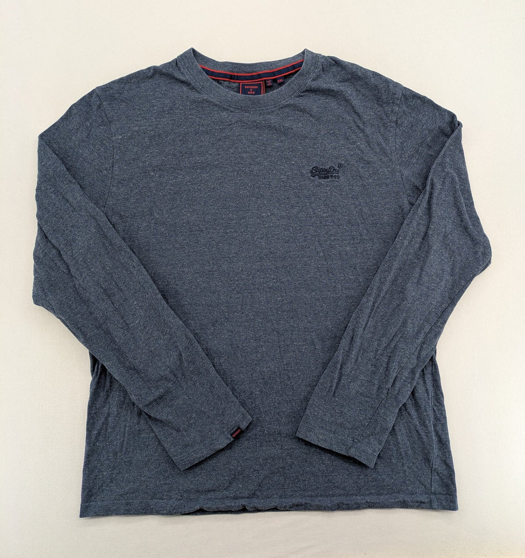 Superdry grey long sleeve shirt melange with embroidered logo and red collar accent.