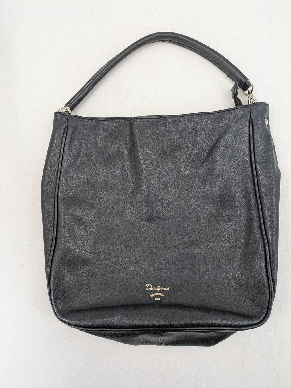 David Jones black hobo handbag pebbled PU leather with silver hardware and zipper closure.