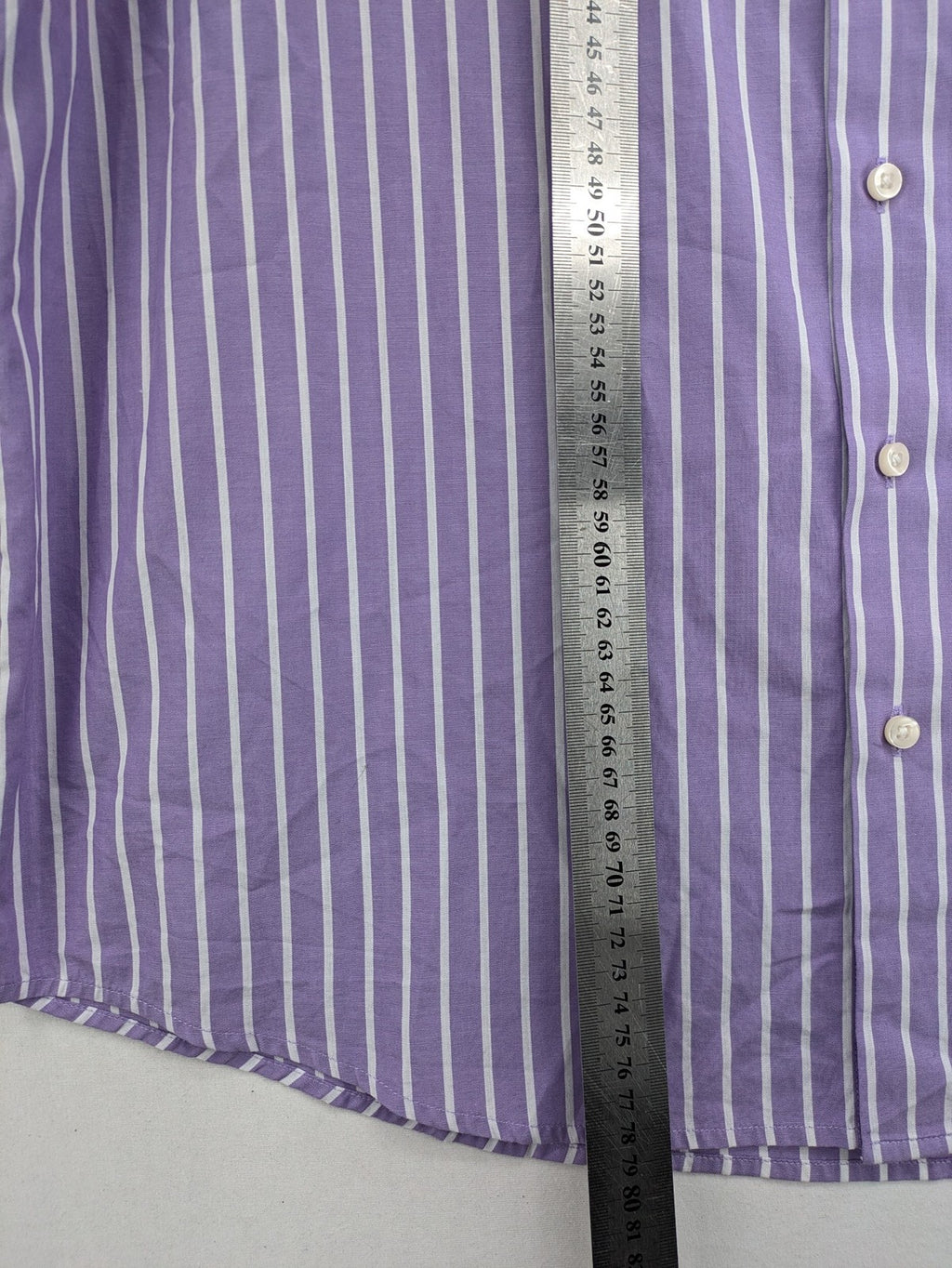C.Comberti pink button-up shirt with vertical purple and white stripes, easy-care fabric.