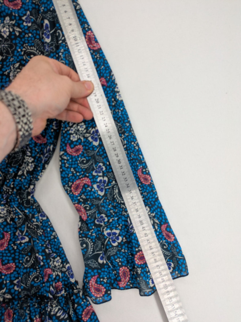 BSB multi-coloured bridal party dress with floral paisley pattern and ruffled hem.