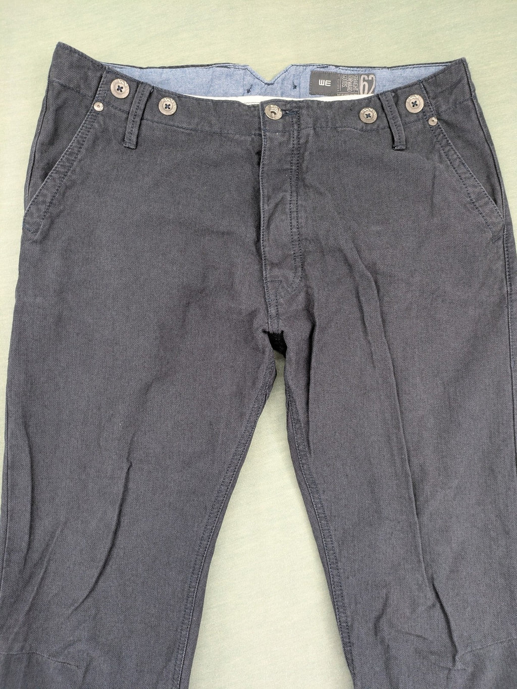 WE grey straight leg chinos 100% cotton button fly with unique brand buttons