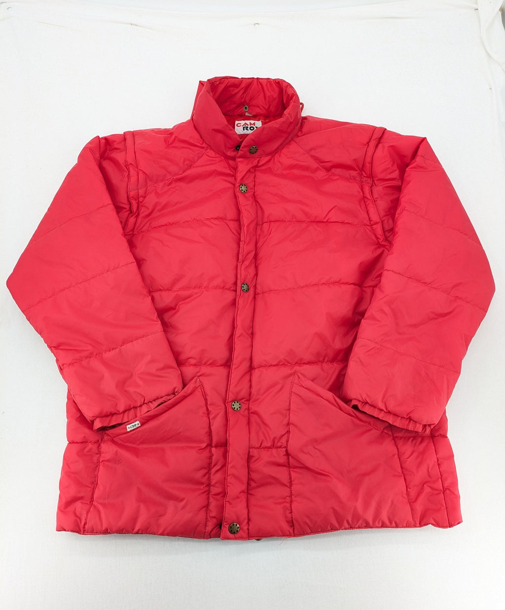 Rox red puffer vest with detachable sleeves and hood, vintage style.