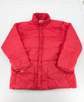 Rox red puffer vest with detachable sleeves and hood, vintage style.