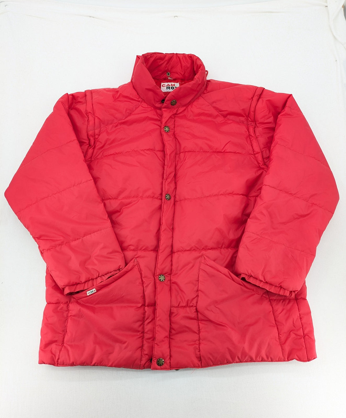 Rox red puffer vest with detachable sleeves and hood, vintage style.