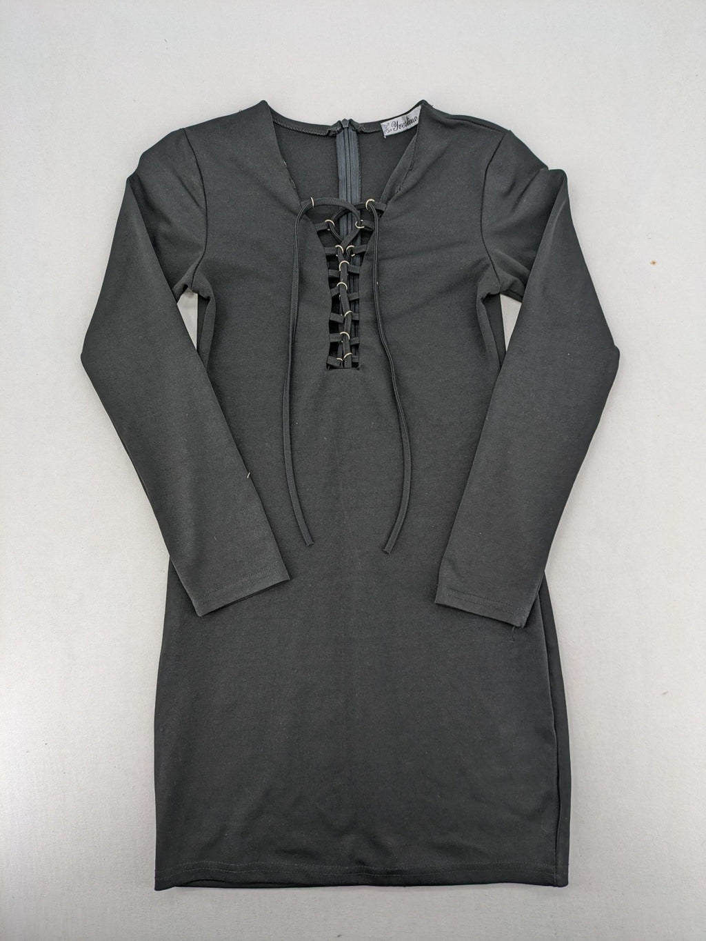 yvesline grey bodycon mini dress with V-neck and lace-up front detail
