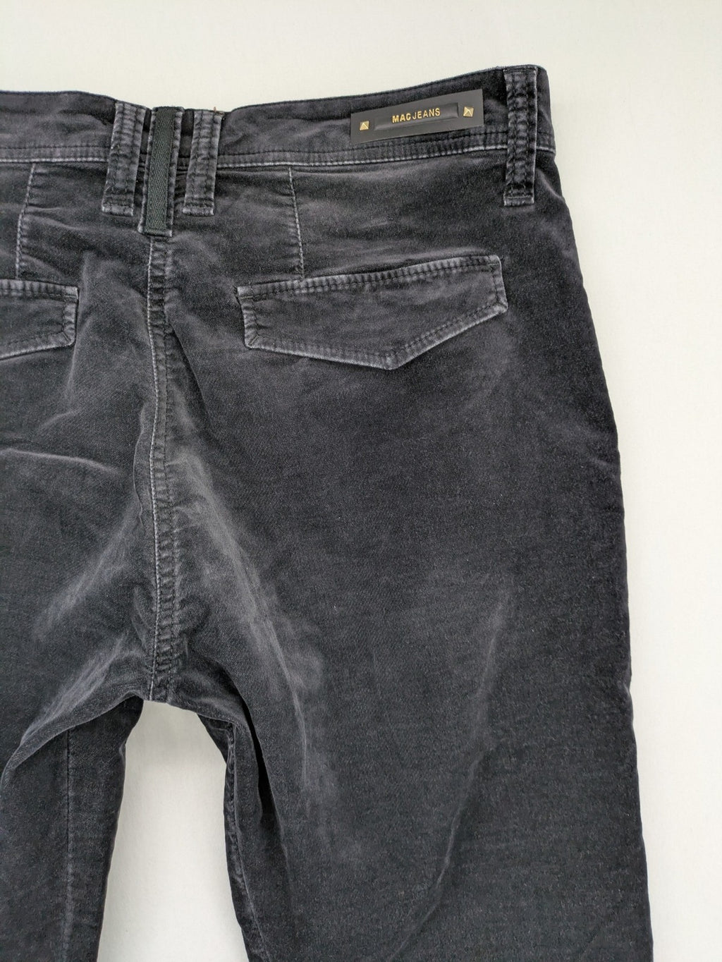 Mac Jeans grey cargo pants soft corduroy biker style with zipper details.
