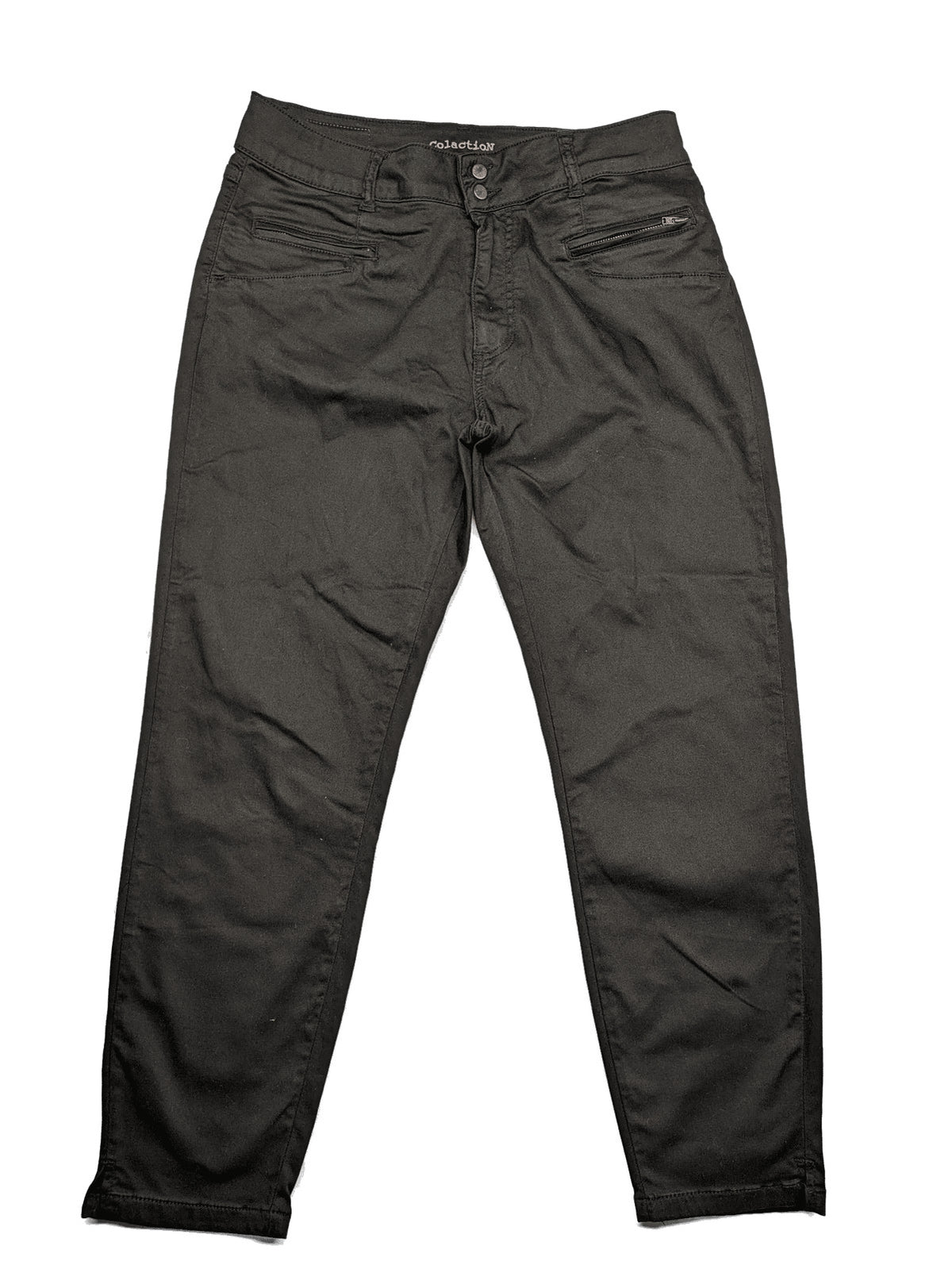 Colac black straight jeans high waist with double button, zipper pockets, and stretch material.