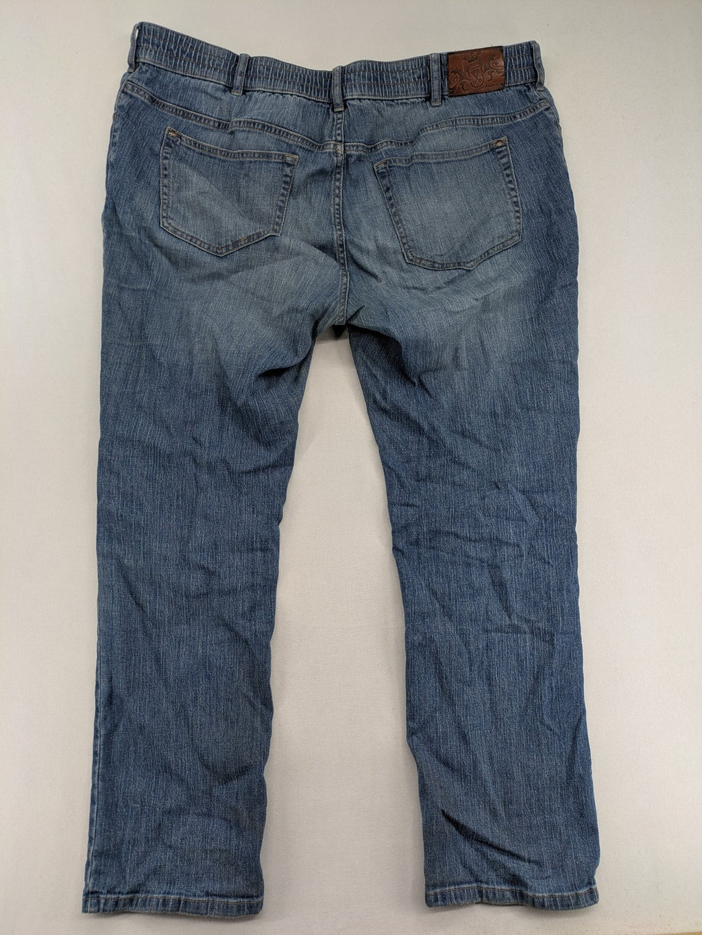 Wallbusch blue straight jeans with elastic waistband, drawstring, and breathable linen blend.