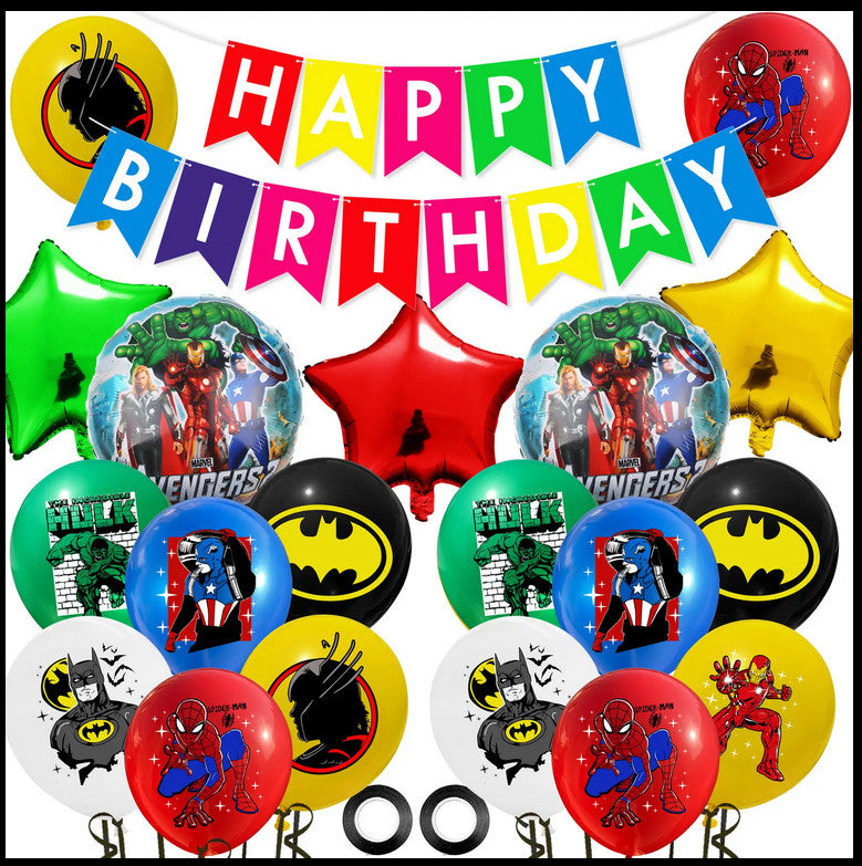 Avengers multi birthday decoration set featuring Spiderman, Hulk, and Batman designs.