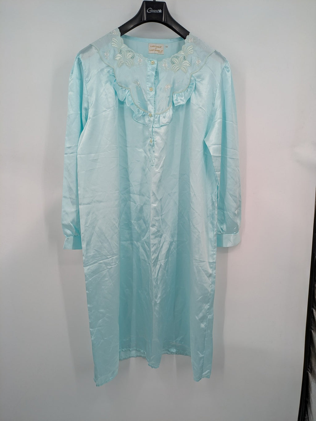 Linea blue vintage nightgown satin fabric with embroidered floral lace collar and ruffles.