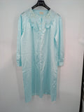 Linea blue vintage nightgown satin fabric with embroidered floral lace collar and ruffles.
