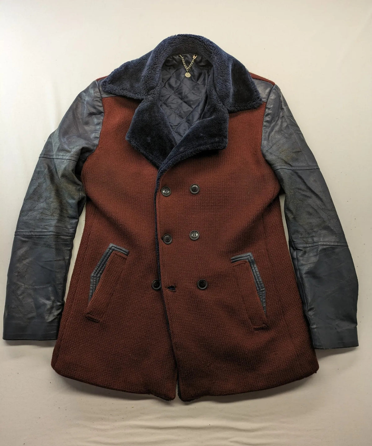 MCR peacoat burgundy grey navy wool blend with leather sleeves and Sherpa collar.