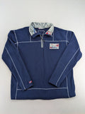 Nebulus navy turtle neck jumper with graphic print collar and "Himalaya Expedition" patch.