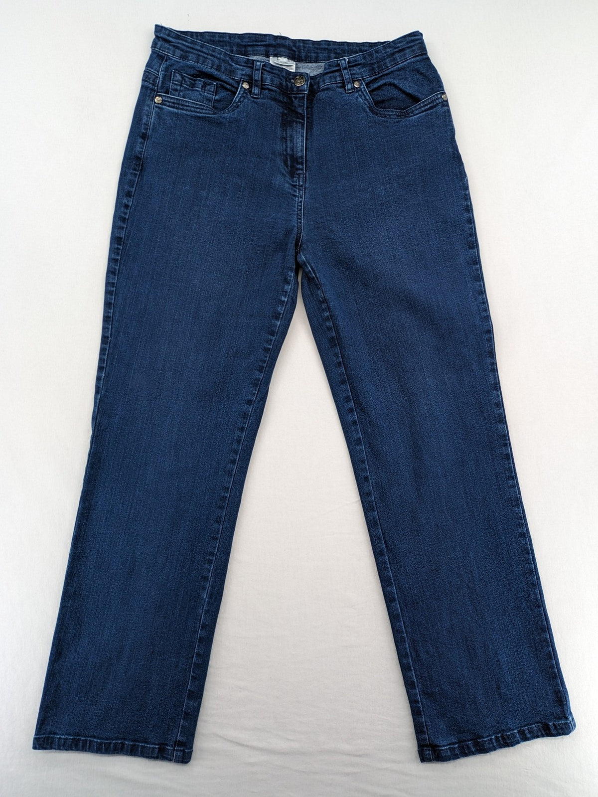 Damen blue straight jeans with embellished back pockets, cotton-elastane blend, mid-rise.