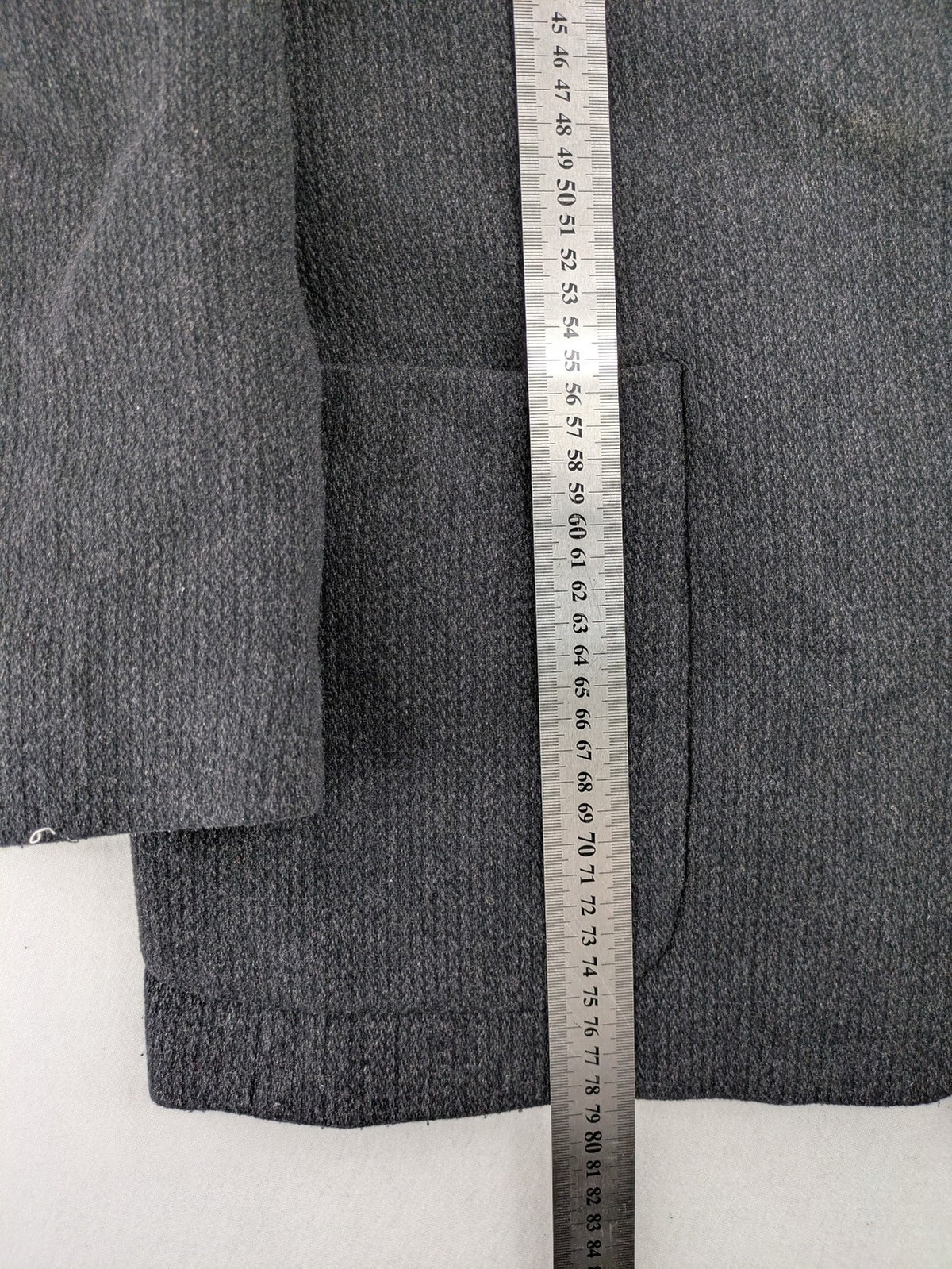 Camel Collection grey blazer three-button front with patch pockets, made from wool blend.