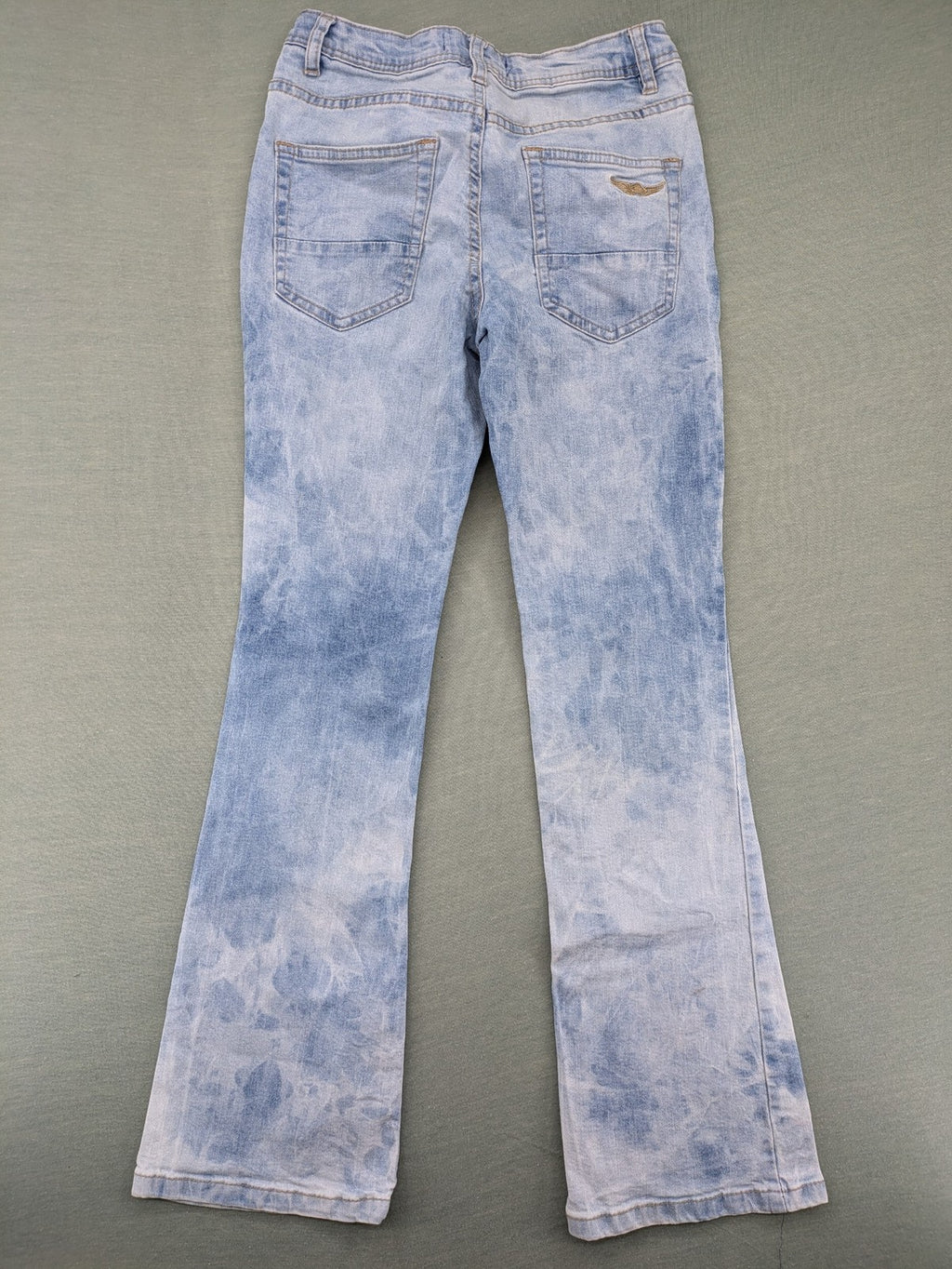 Arizona blue flare jeans with acid wash, button fly, and stretch denim material.