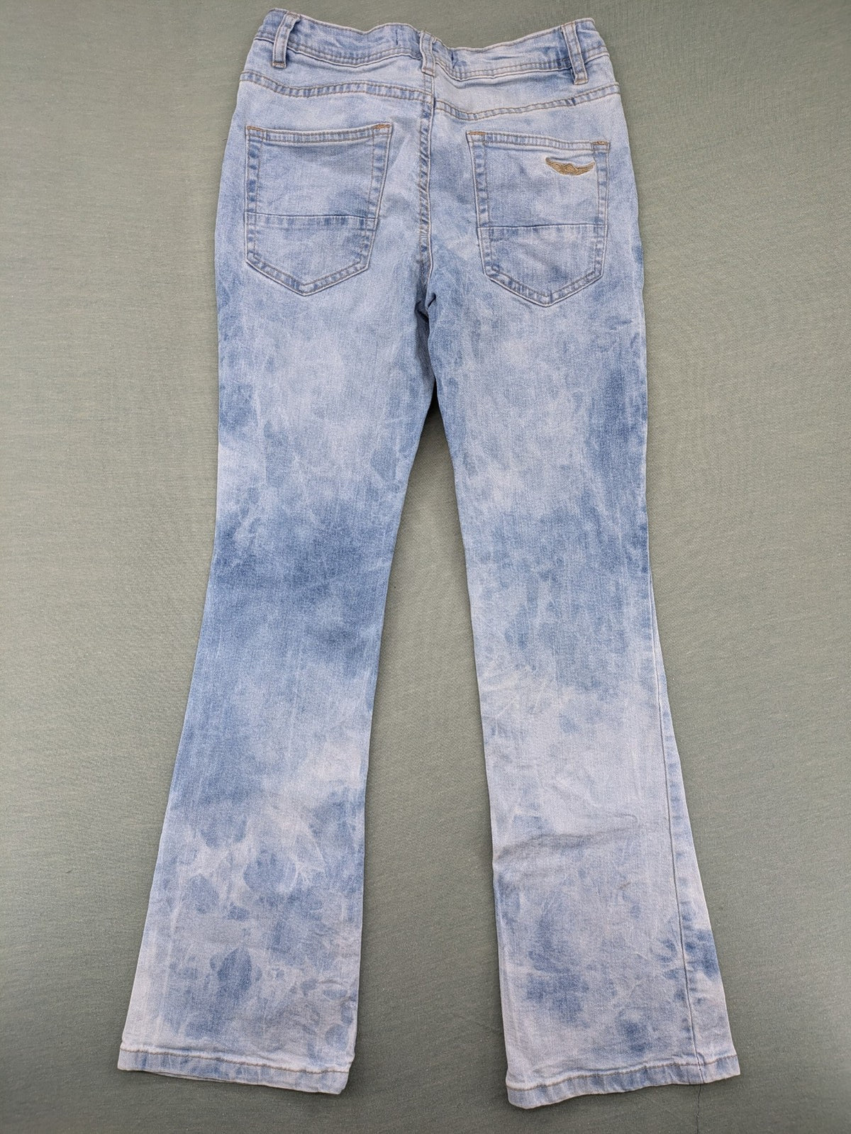 Arizona blue flare jeans with acid wash, button fly, and stretch denim material.