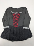 Rose Gal pink gothic dress with black lace trim and white lace cuffs, square cut.