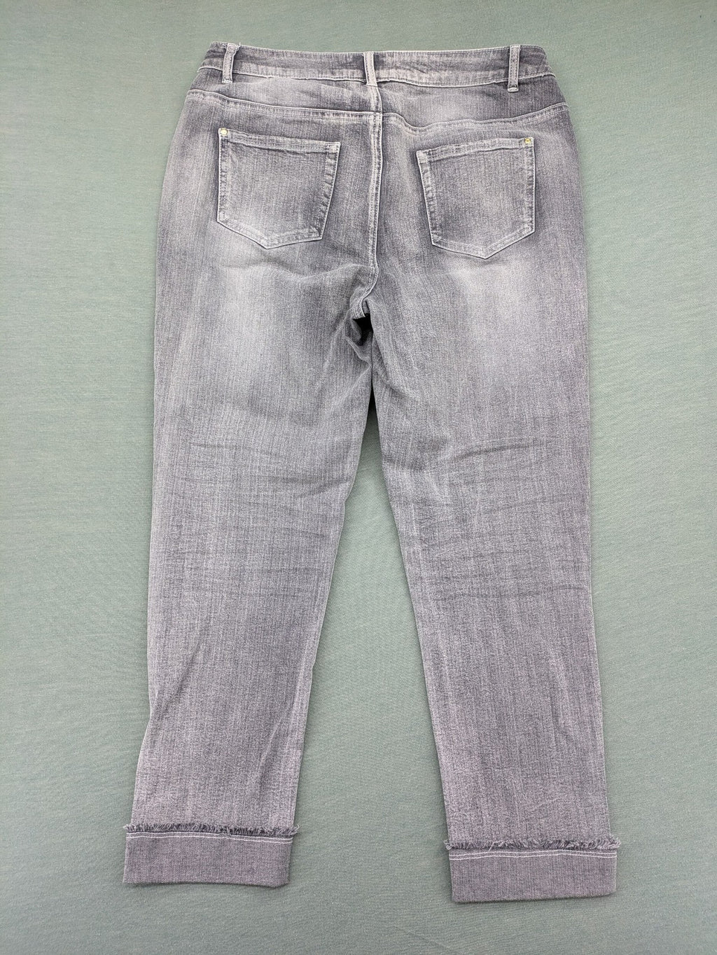 Rick Cardona grey cropped straight jeans with frayed hems and sparkling rhinestone details.