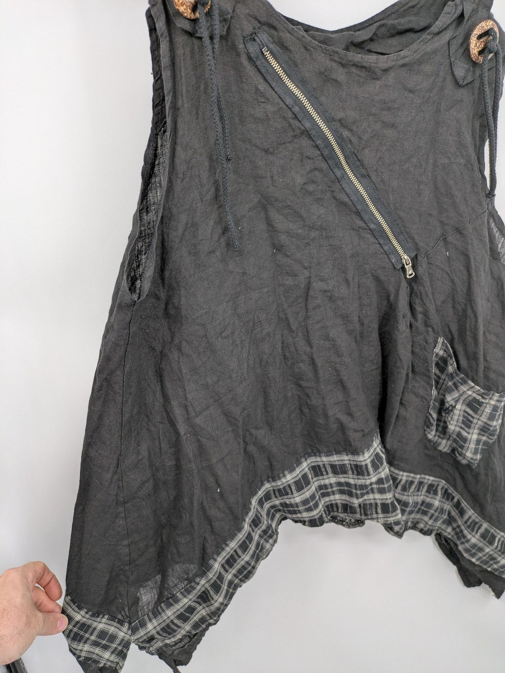 Lagenlook black linen bridal party dress asymmetrical cut with checkered hem and diagonal zipper.