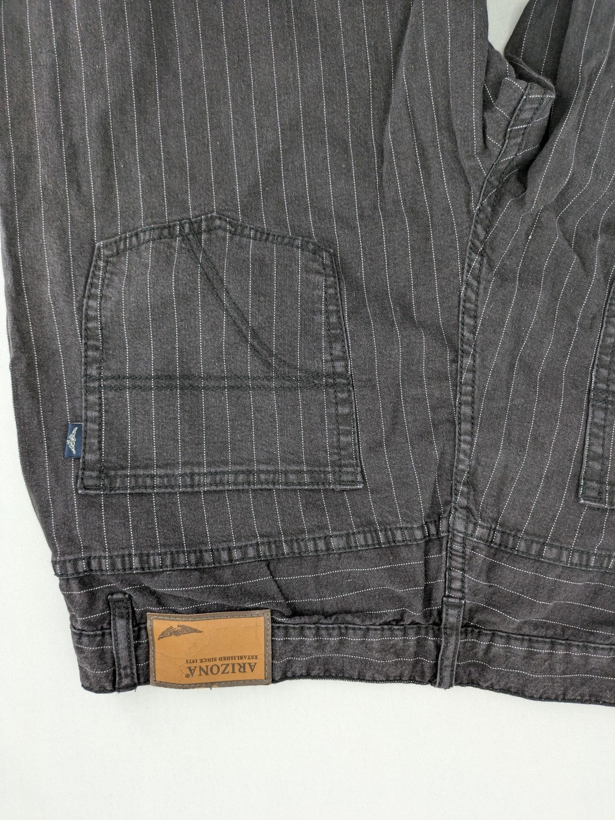 Arizona grey straight jeans with white pinstripe pattern, cotton blend material.