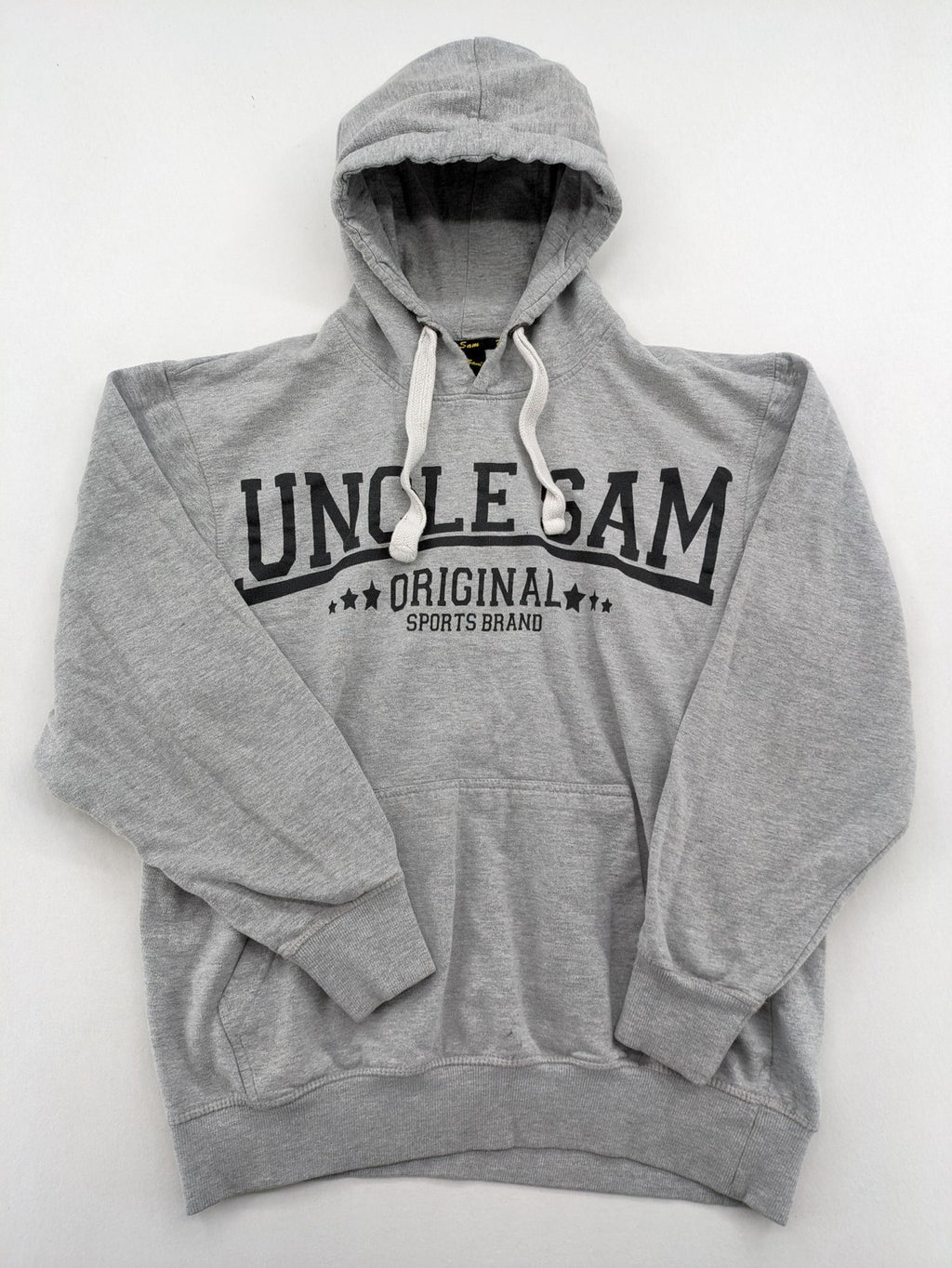 Uncle Sam grey hoodie with logo print, kangaroo pocket, and drawstring hood.