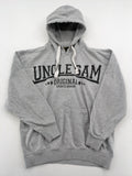 Uncle Sam grey hoodie with logo print, kangaroo pocket, and drawstring hood.