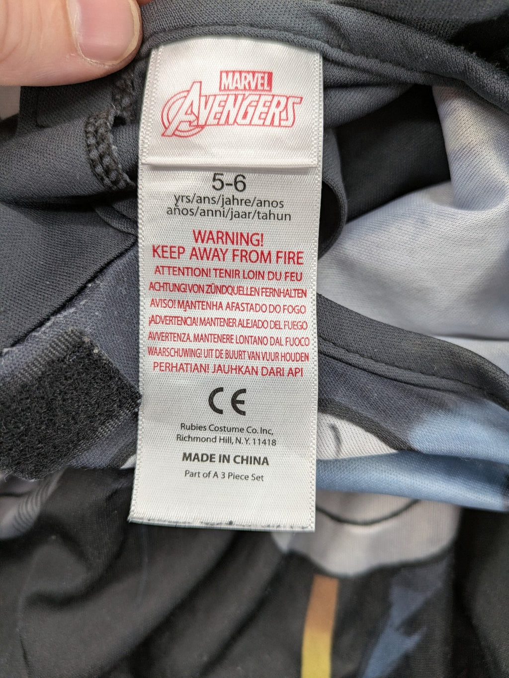 Marvel Avengers boys' costume black blue grey jumpsuit with Thor design and logo.