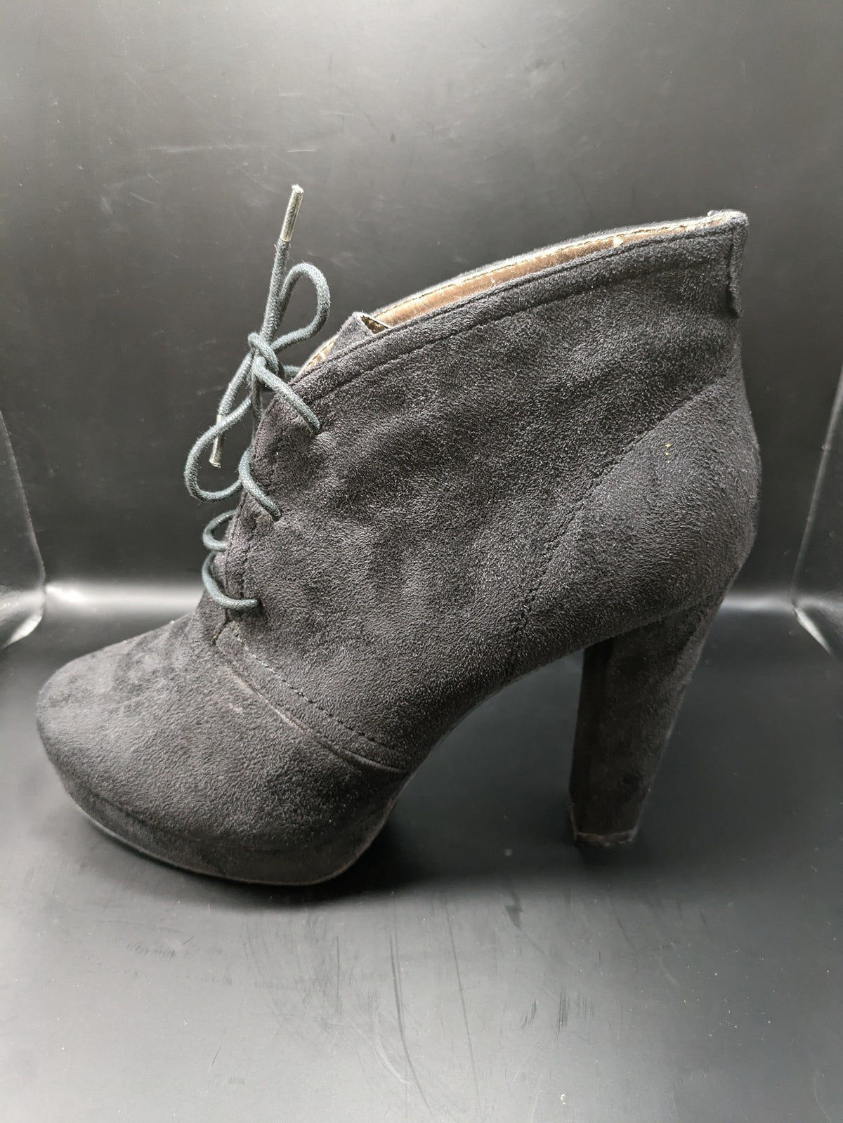 PearlZ black ankle boots faux suede block heel front lace-up detail