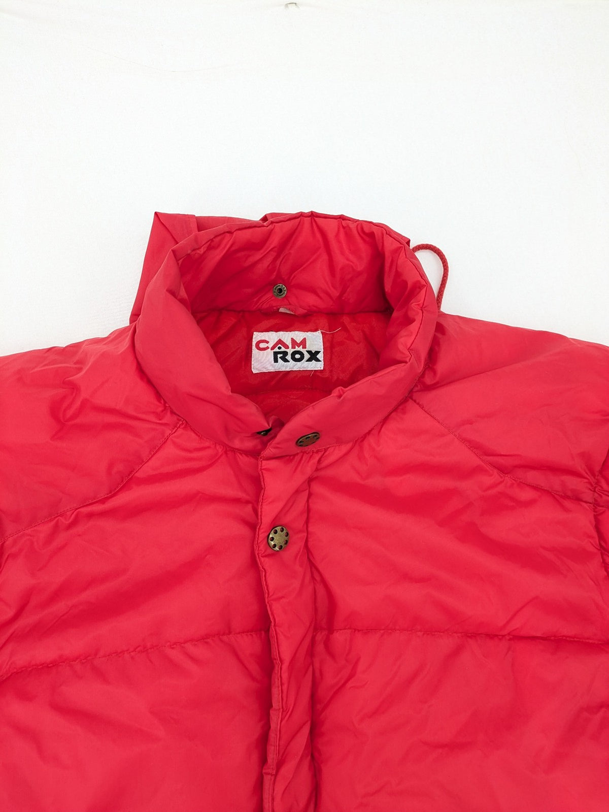 Rox red puffer vest with detachable sleeves and hood, vintage style.
