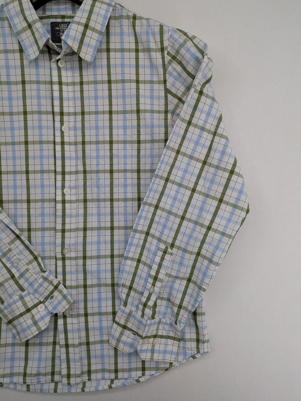 L.O.G.G green, blue, and white checked long-sleeve shirt with button placket and Kent collar.