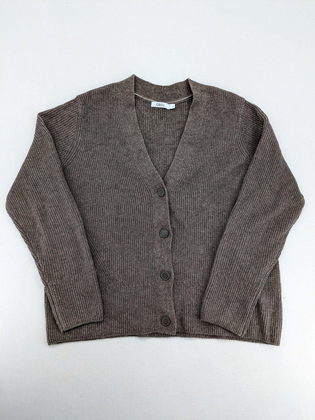 Cecil grey turtle neck jumper ribbed texture V-neck with button closure.