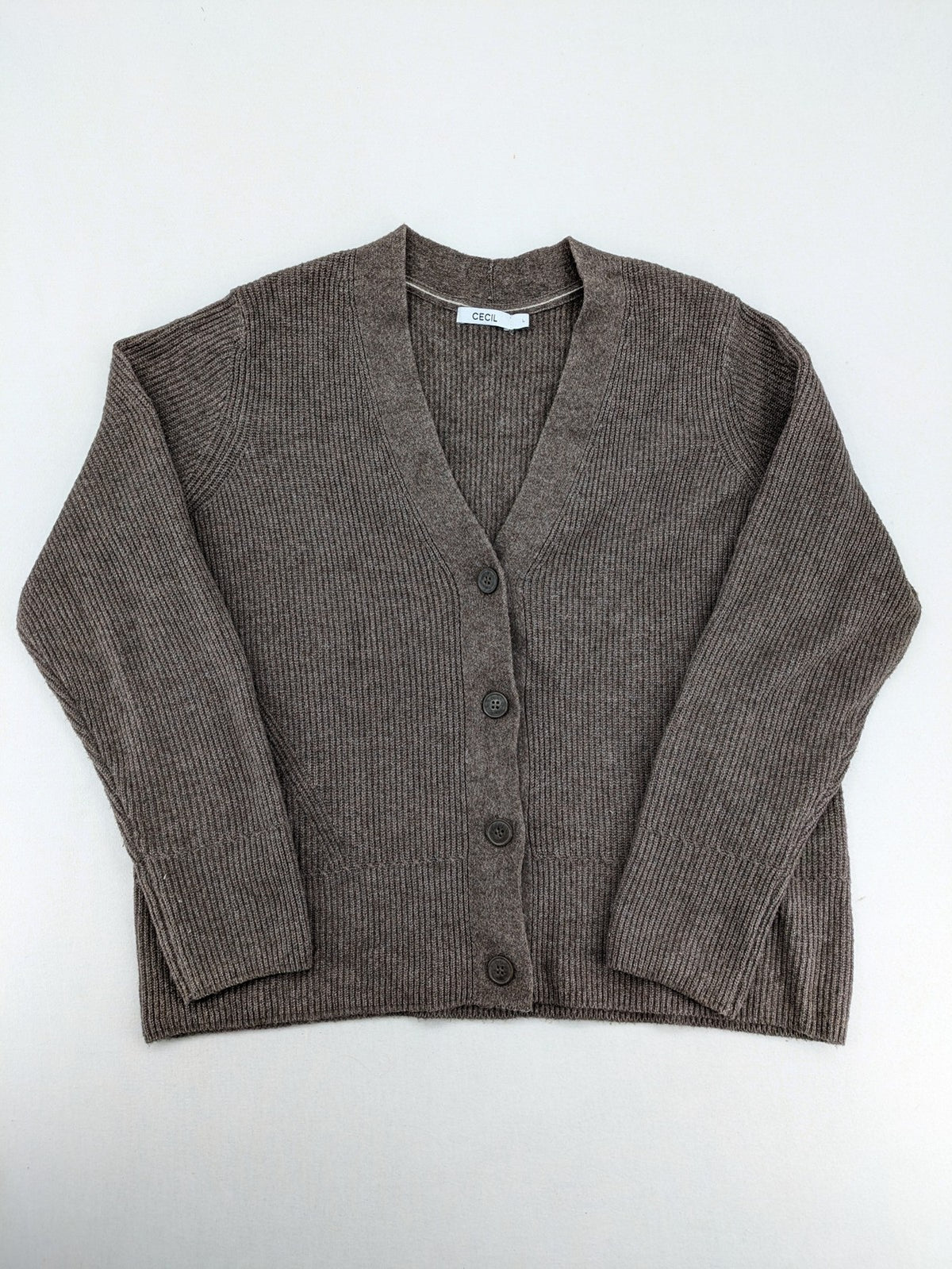 Cecil grey turtle neck jumper ribbed texture V-neck with button closure.