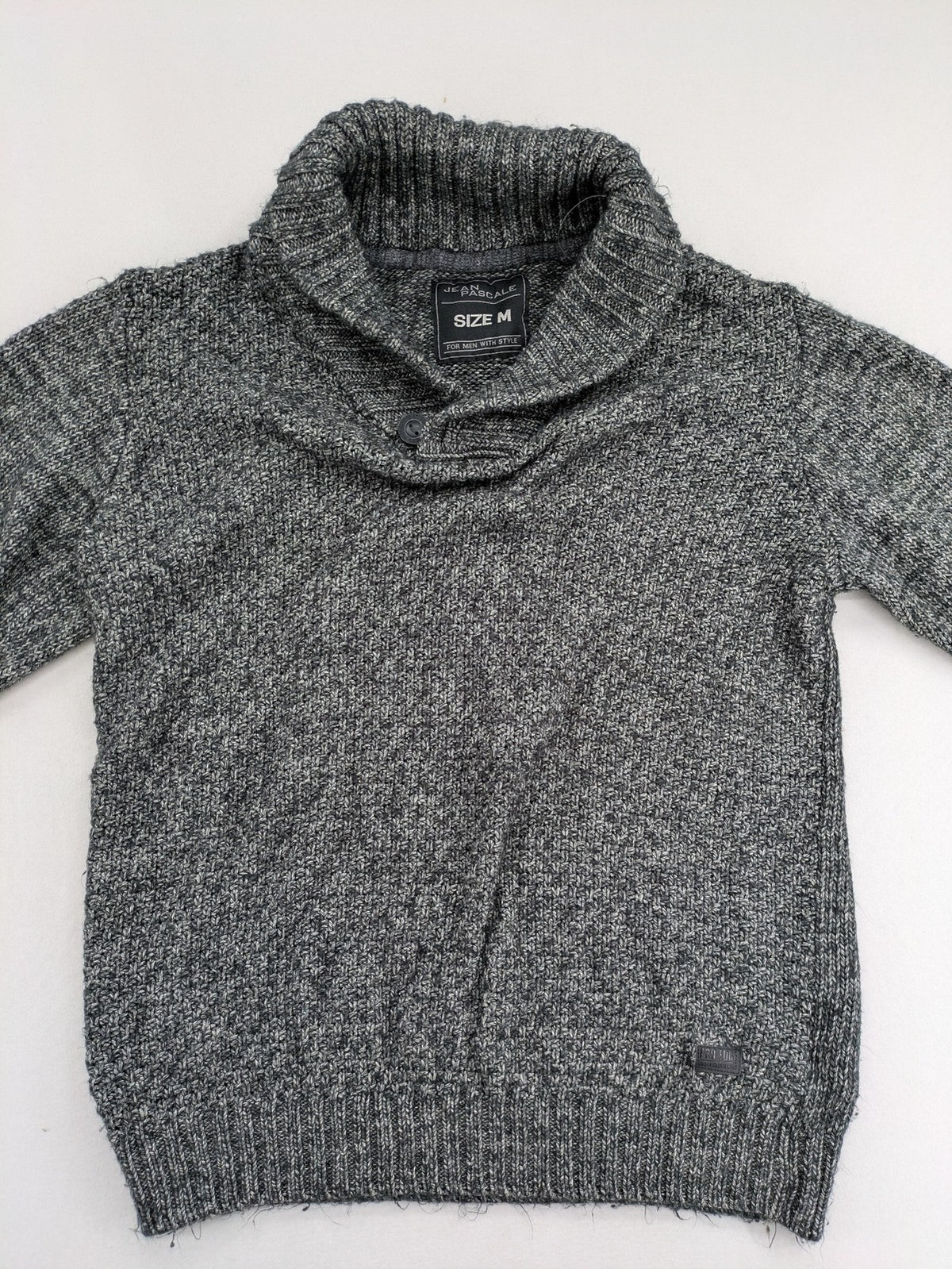 Jean Pascale grey turtle neck jumper with shawl collar and ribbed details.