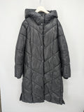 Stradivarius grey coat with chevron quilted pattern and hood, featuring zip closure and snap storm flap.