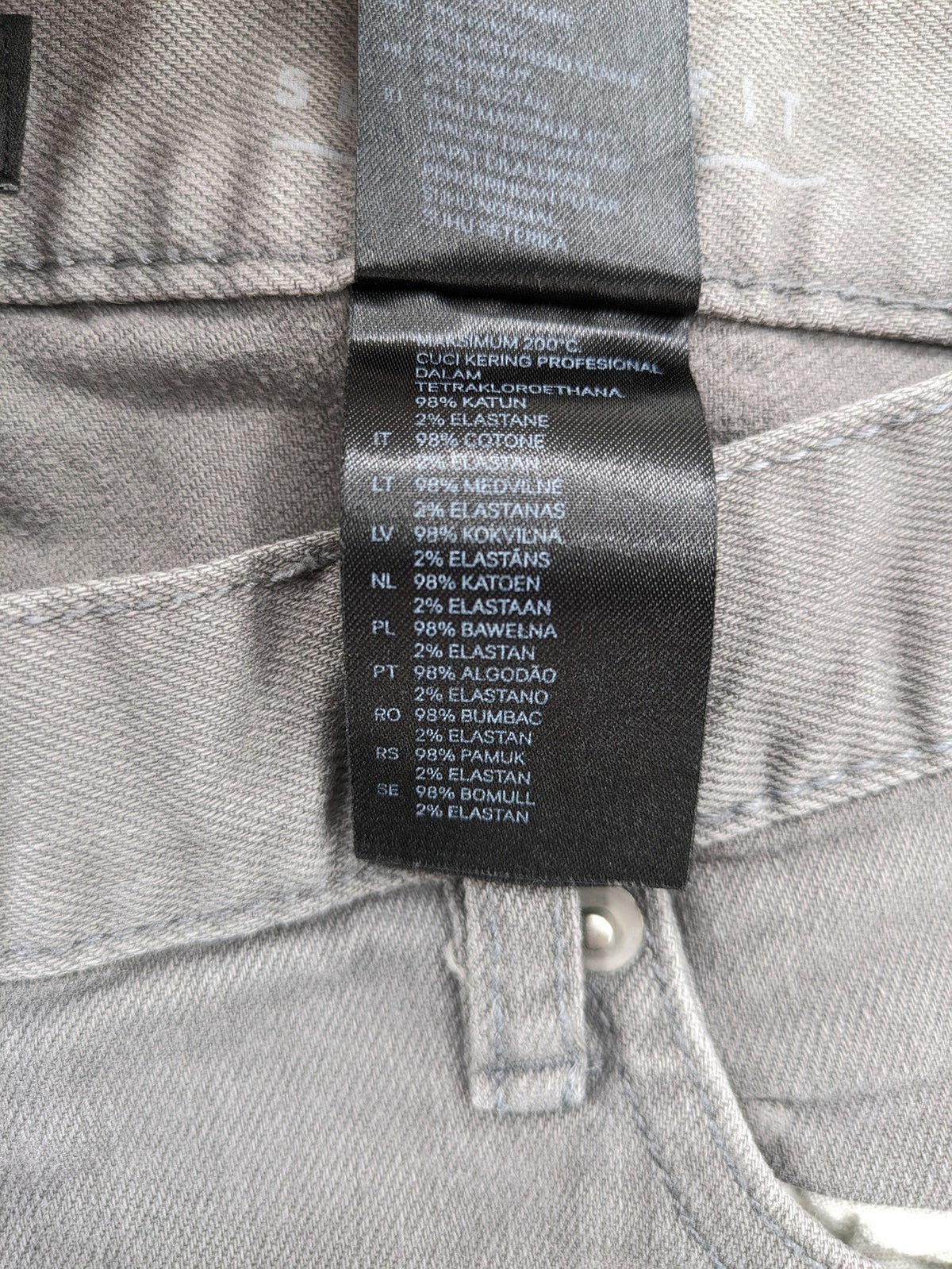H&M grey skinny fit jeans with button closure and five-pocket design, cotton-elastane blend.