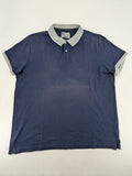 XXL navy polo shirt with grey contrast collar and cuffs, 100% cotton material.