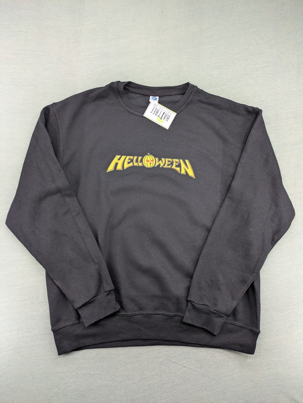 Helloween grey sweatshirt featuring bright yellow band logo, made from cotton blend.