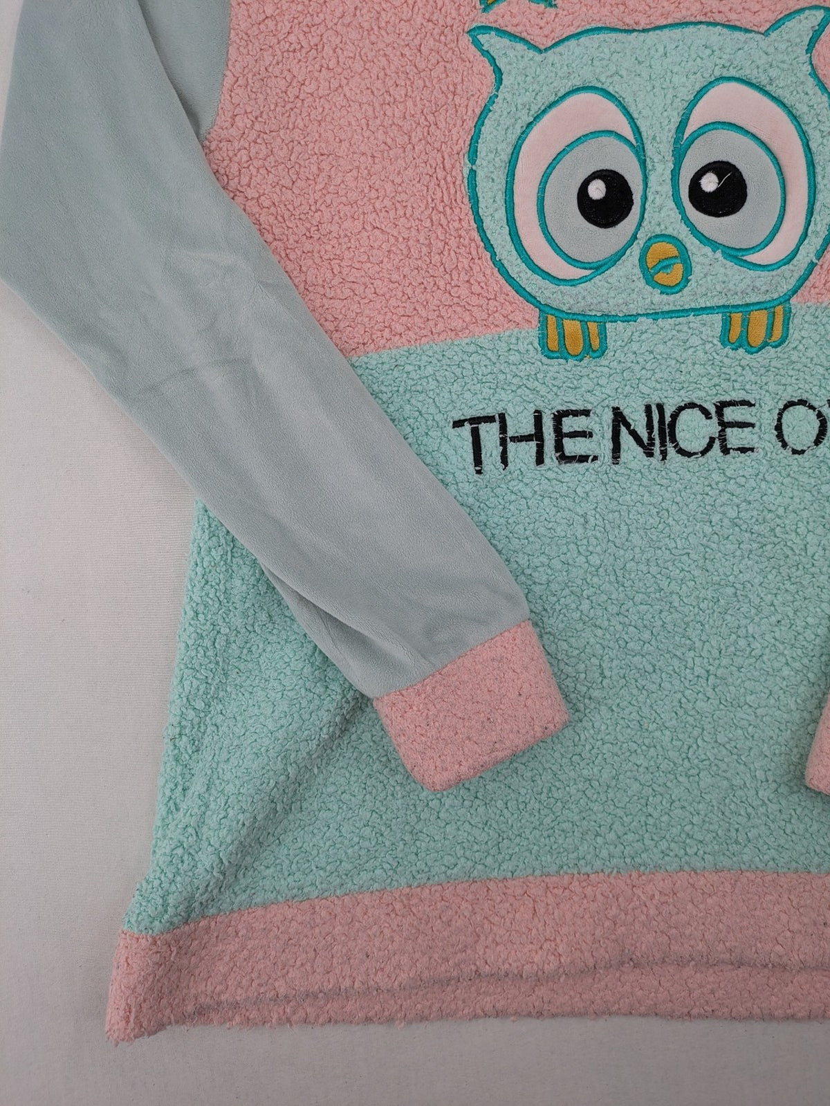 Damen turtle neck jumper blue and green, cute embroidered owl design, soft teddy fleece material.