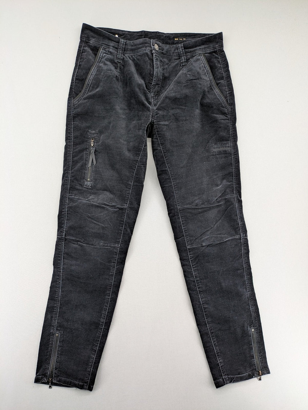 Mac Jeans grey cargo pants soft corduroy biker style with zipper details.