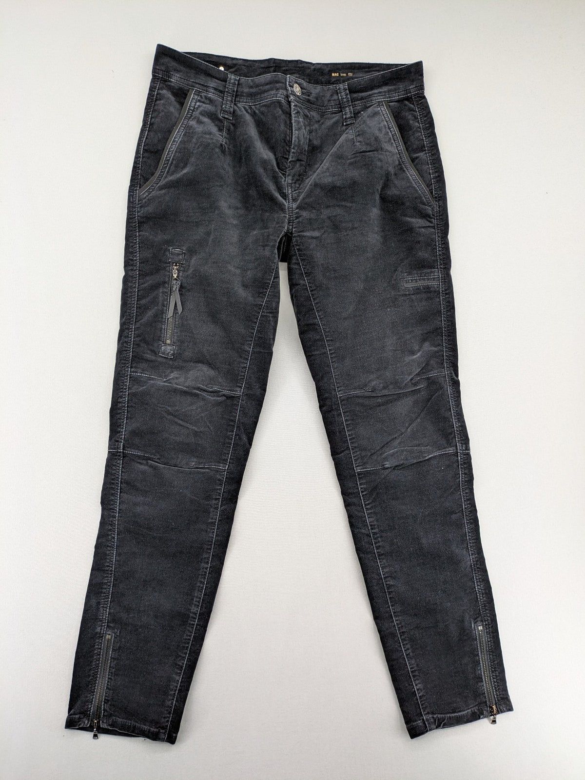 Mac Jeans grey cargo pants soft corduroy biker style with zipper details.