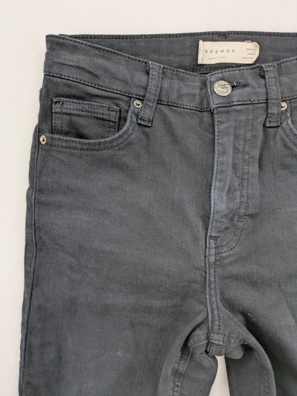 Topshop black Jamie flare jeans high waist stretch denim with classic silhouette.