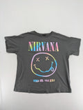 Nirvana grey t-shirt with rainbow Smiley logo and "Come As You Are" text.
