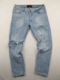 i8 Denim blue straight jeans destroyed look with frayed hems and classic button fly.