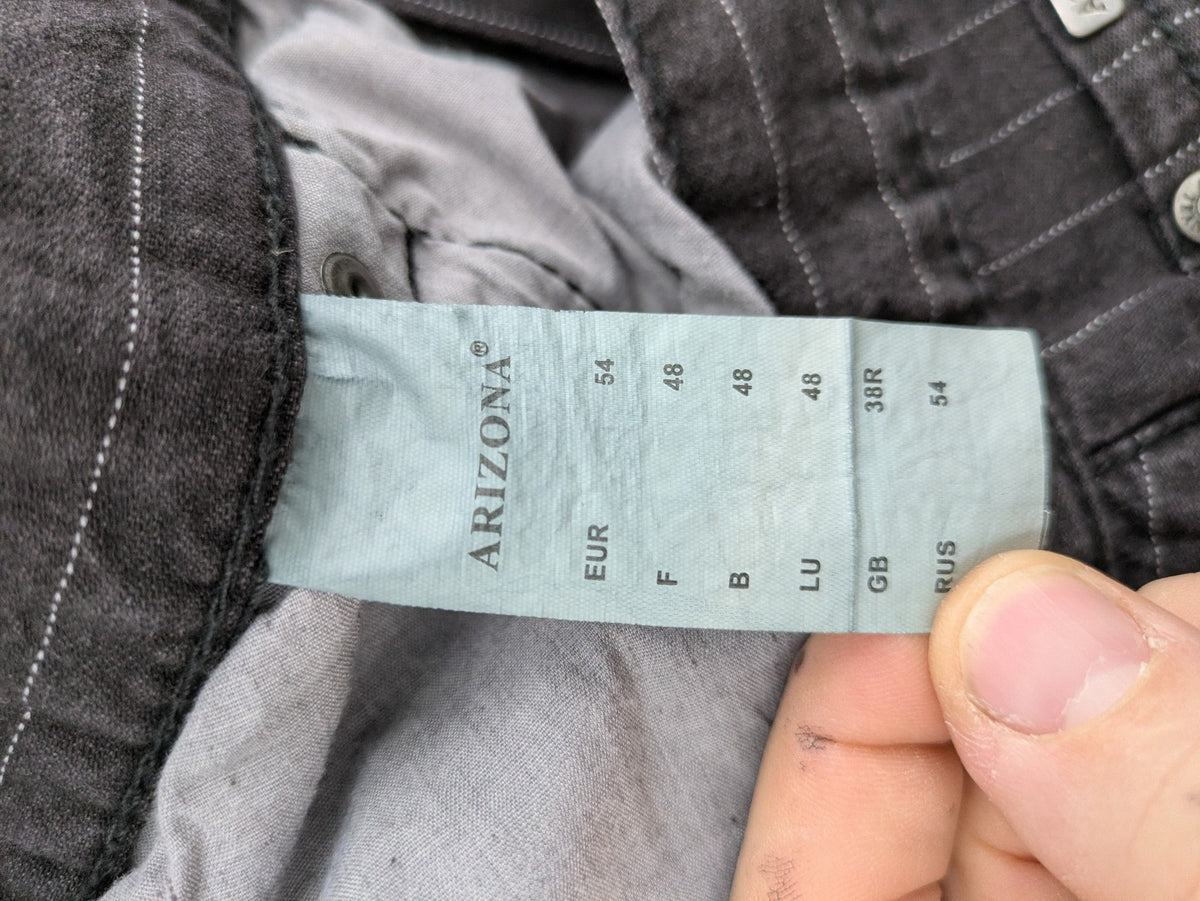 Arizona grey straight jeans with white pinstripe pattern, cotton blend material.