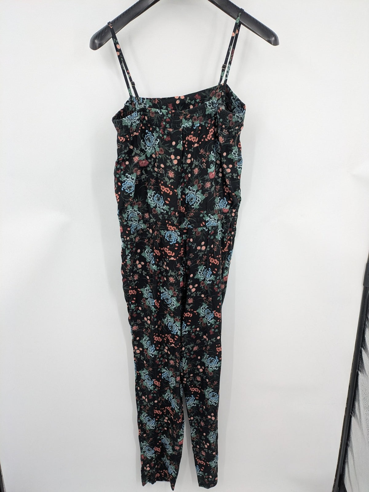 edc multi jumpsuit floral pattern sleeveless with smocked waist and spaghetti straps