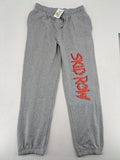 Skid Row grey joggers with red band logo, soft cotton blend, elastic waistband.