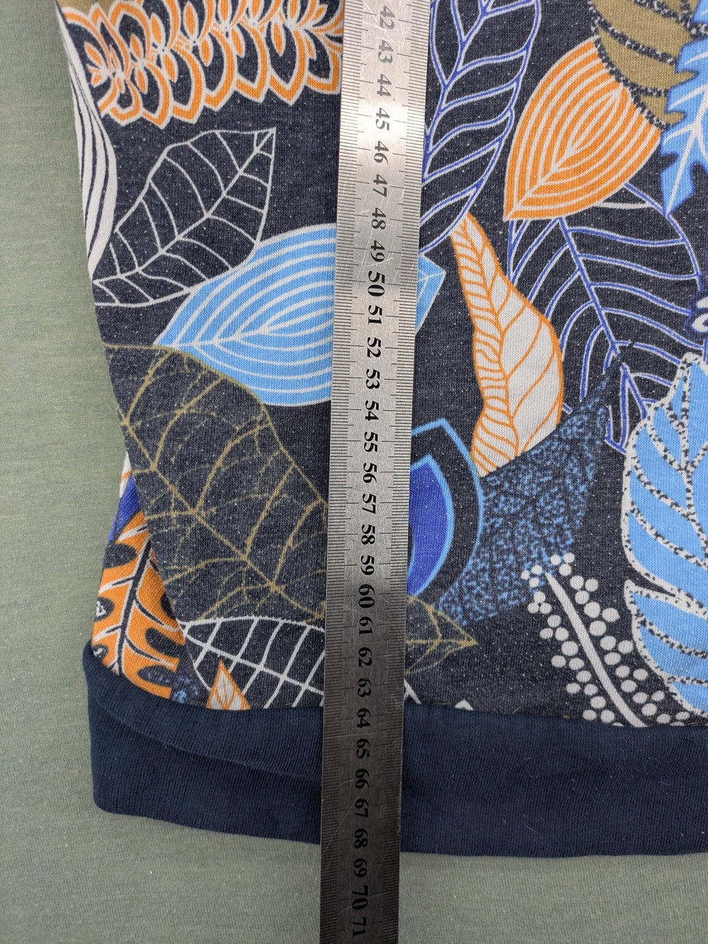 john baner orange turtle neck jumper blue leaf print on dark navy base