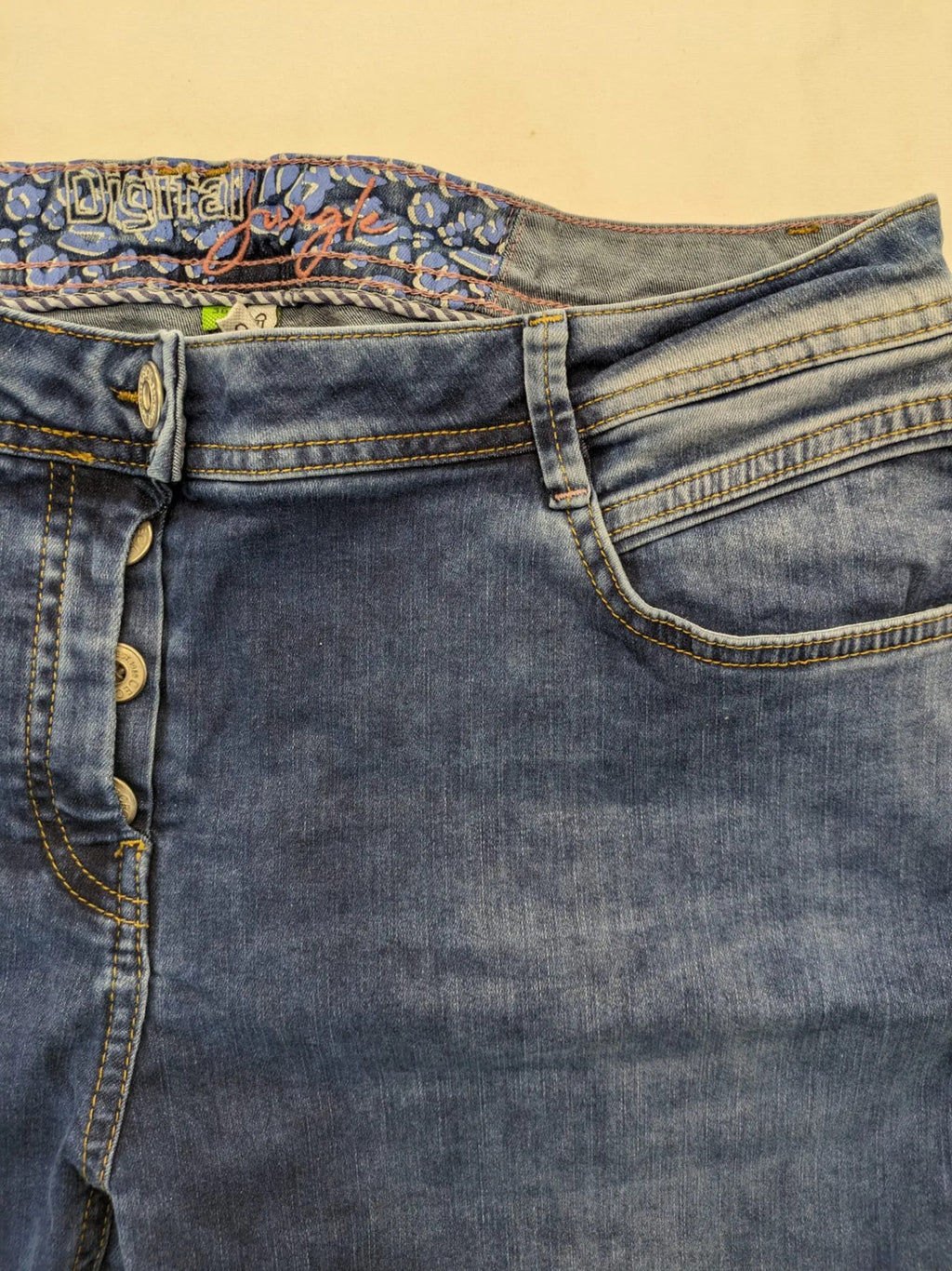 Cecil straight jeans blue patchwork design with classic button fly and stretch denim.